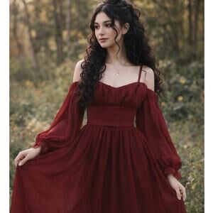 Dress Forum Fairycore Burgundy Chiffon Off Shoulder Puff Sleeve Renaissance Goth